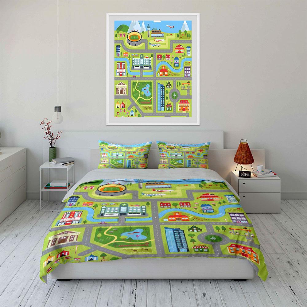 City Map Playmat Set For Kids Multiple Sizes Kid'S And Adults' Bedroom Exquisite 3Pc Bedding Set, Gift