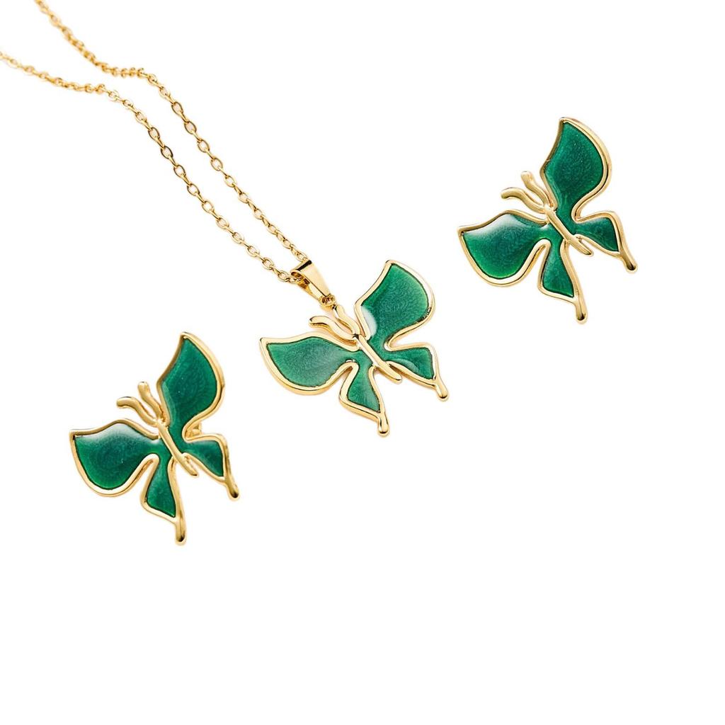 Vintage Retro Enamel Butterfly Stud Earrings & Necklace - French Court Style