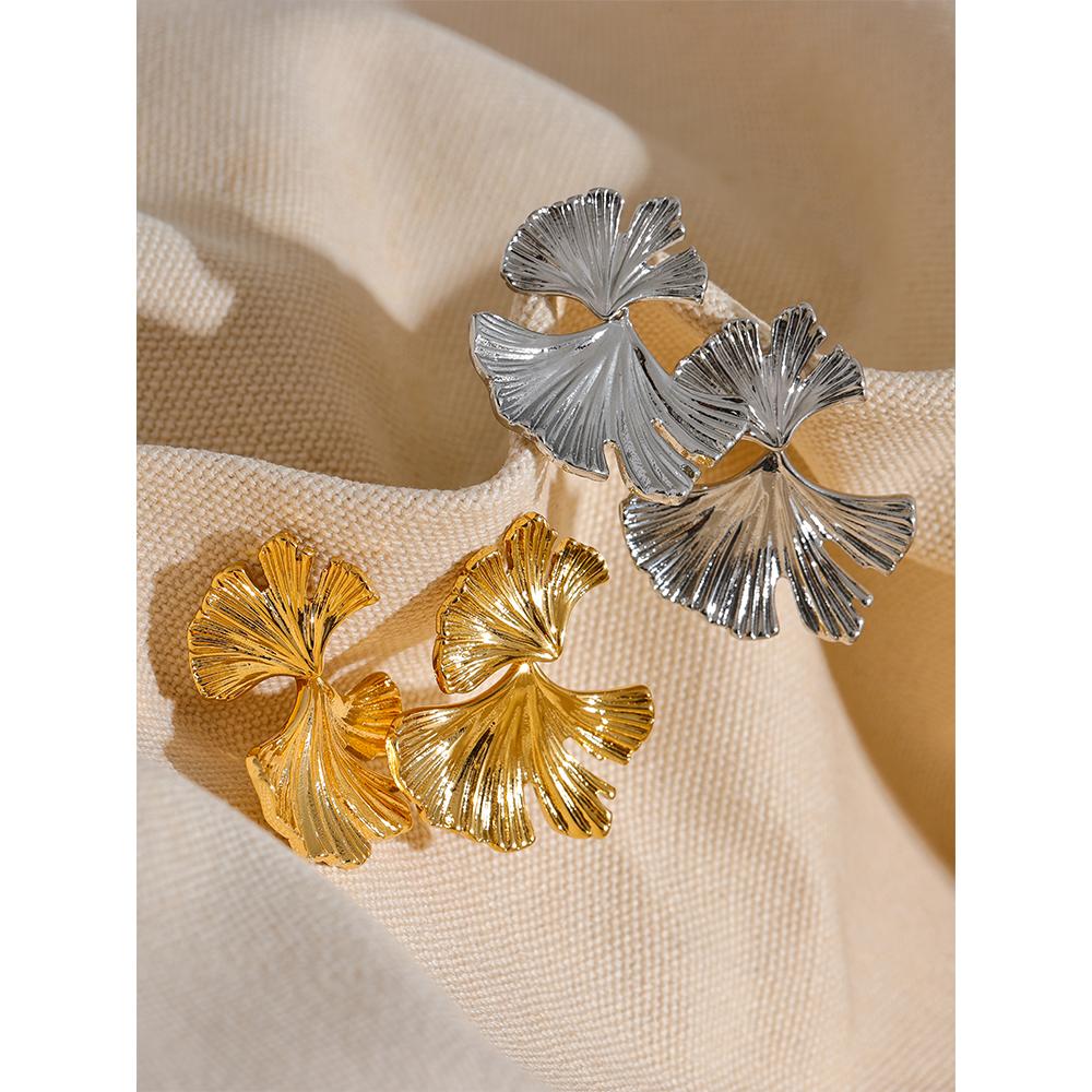 Yhpup 316l Stainless Steel Metal Ginkgo Leaf Drop Earrings 18K Gold PVD Plated Waterproof Trendy Statement Fashion Jewelry Gift