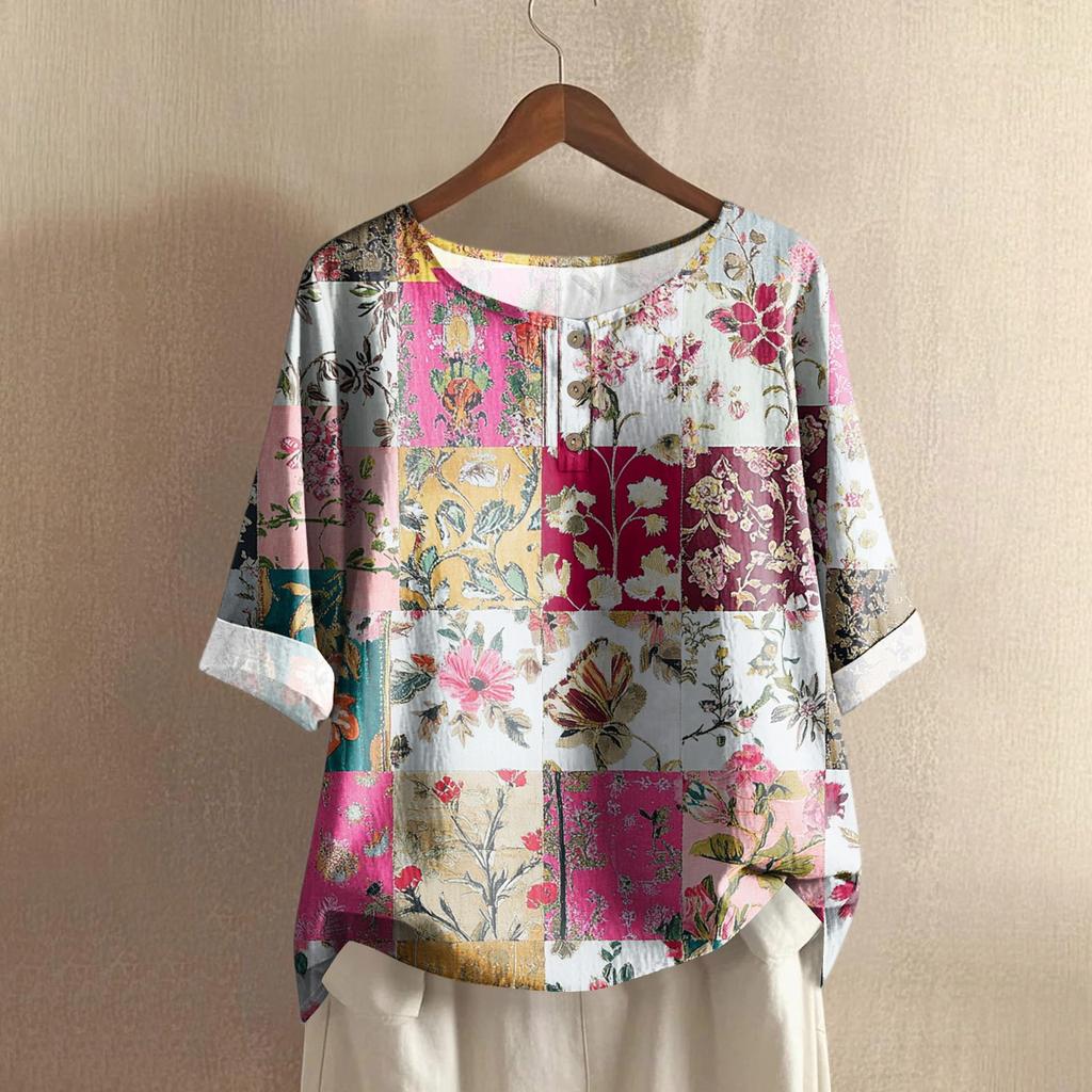 Women's Casual Mid-sleeve Round Neck Retro Floral Print Cotton And Linen Top