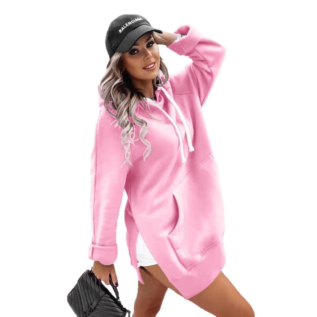 Nuovo felpa con cappuccio da donna a tinta unita di media lunghezza per autunno e inverno 6998