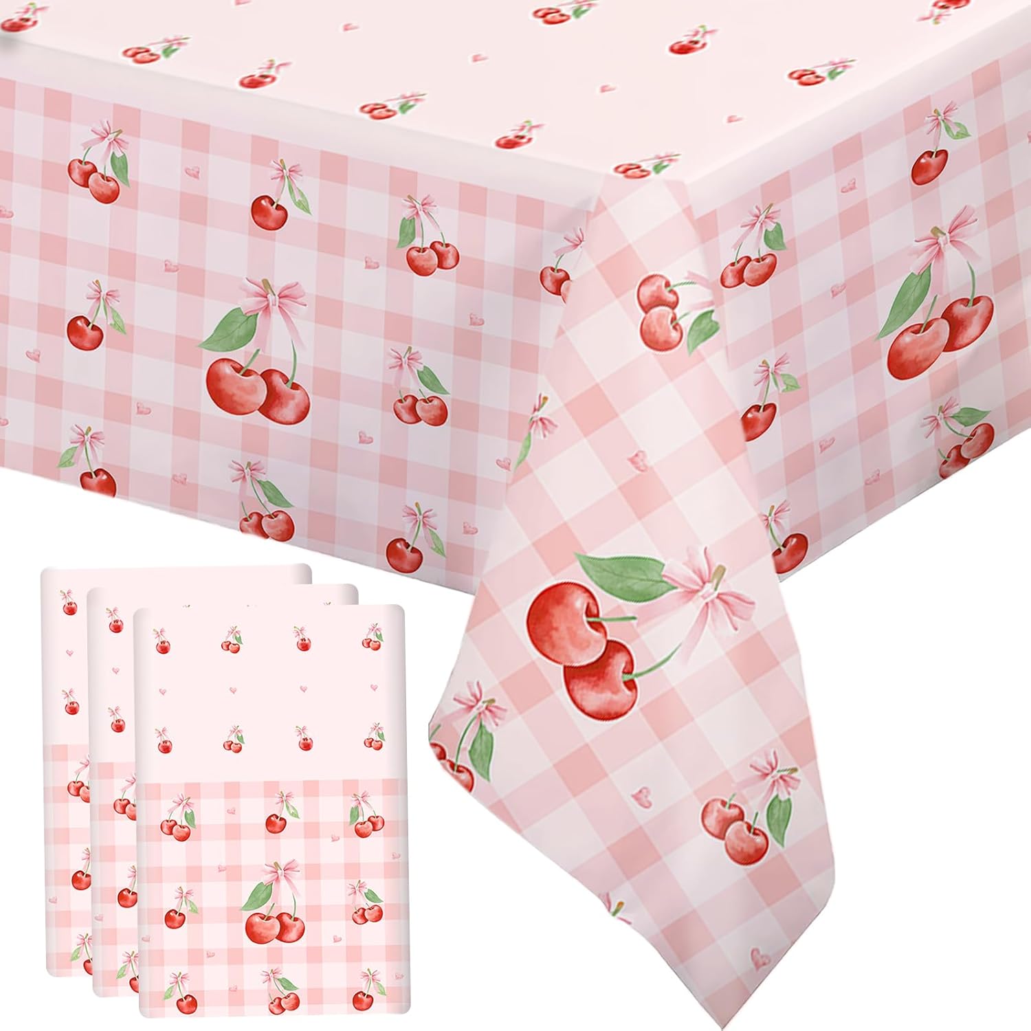 MEHOFOND 3 Pcs Pink Bow Baby Shower Table Cloth, Floral Coquette Sweet Girl Baby Shower Party Disposable Tablecloths Decorations, 108 x 54 Inch Pink Cherry and Bow