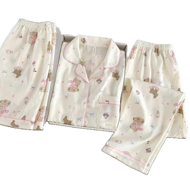 Summer Women's Three-Piece Pajama Set: Cardigan, Short Sleeve Top, Shorts, and Long Pants - Lightweight and Cute for Home or Outdoor Wear