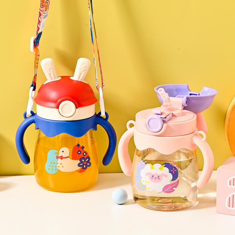 Infant Cartoon Drinking Cup with Handle Bounce Cover Childrens Straw Cup Drop-Resistant Kindergarten Men and Women Baby Learns to Drink