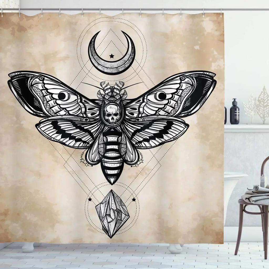 Gold Moth Moon Phase Shower Curtain Gothic Black Butterfly Moonlit Bath Curtain Psychedelic Tarot Bath Curtains Bathroom Sets