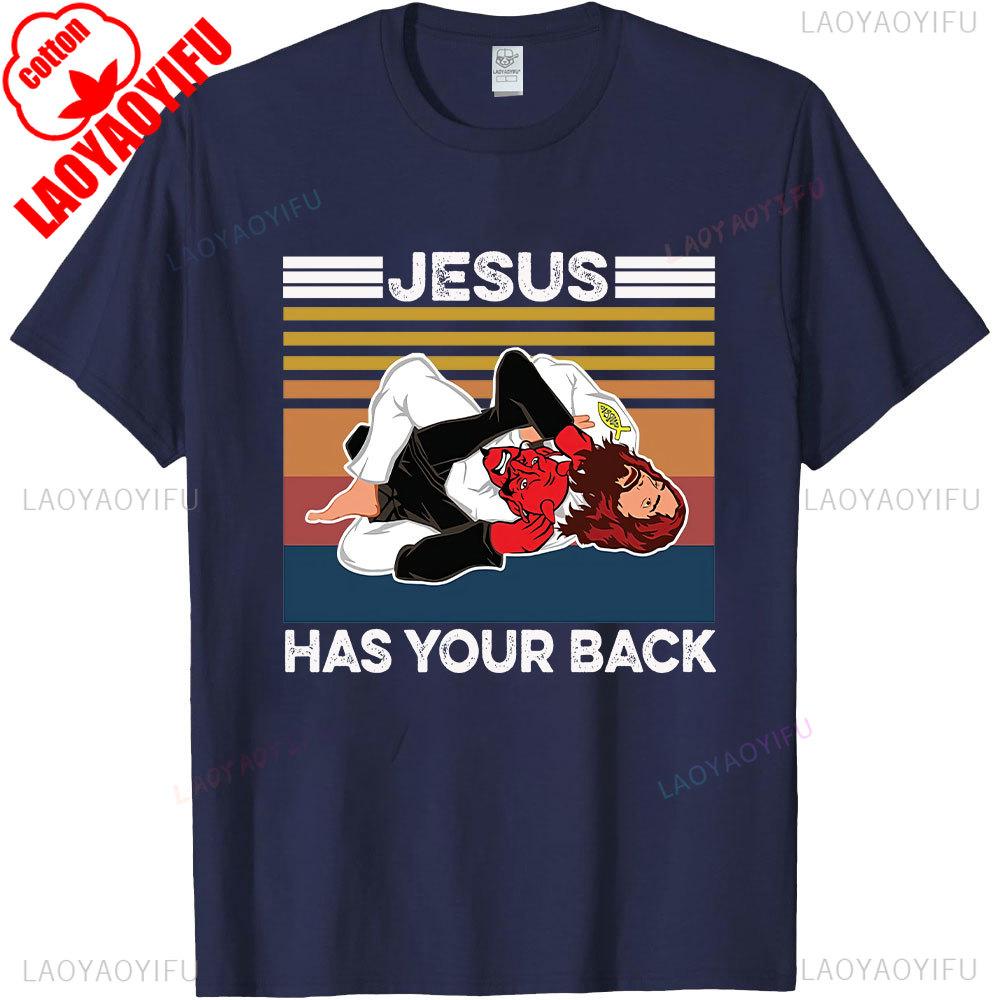 Jiu Jitsu Jesus Has Your Back Funny Christian Gift Vintage Mens TShirt Black Tops Summer Cotton Shirt Short Sleeve Streetwear