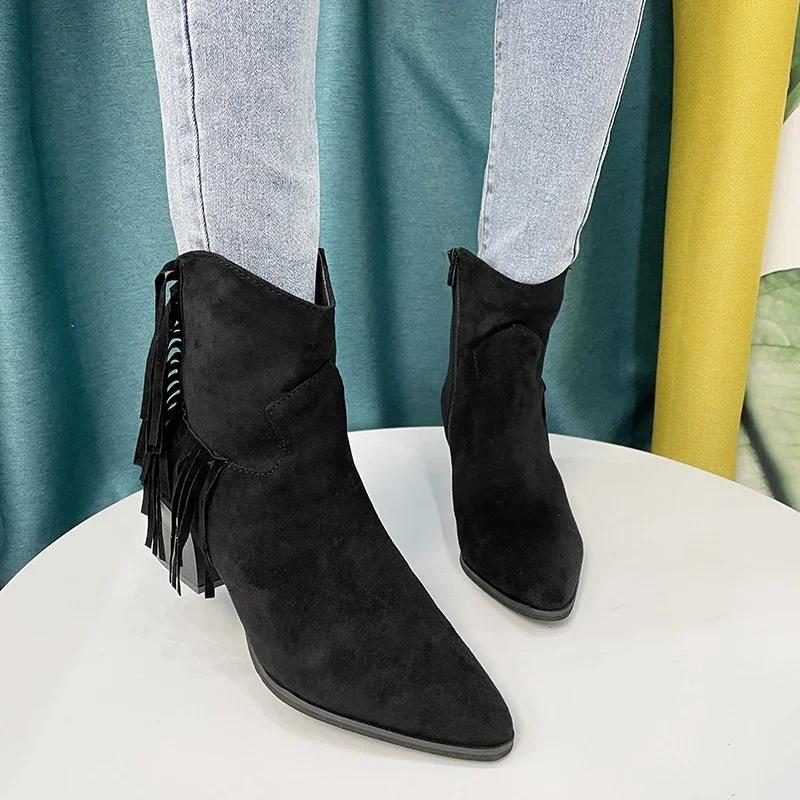 Fashion Shoes Female 2024 Plus Size Ankle Women's Boots Retro Modern Boots Women Fringe Pointed Toe Side Zip Chunky Heels Ladies Shoes