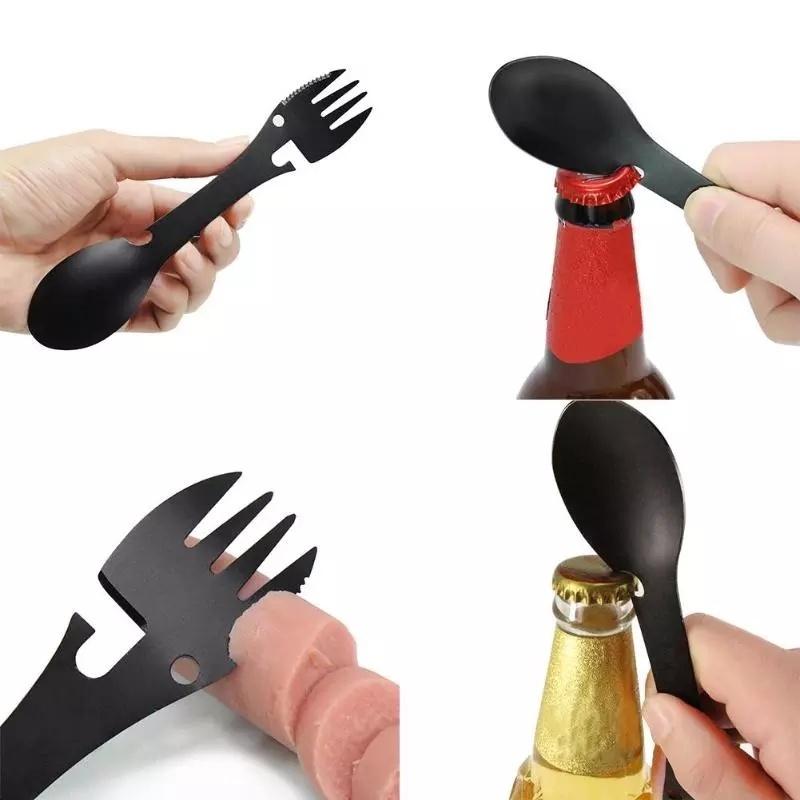 5 i 1 multiverktygsgaffel i rostfritt stål Spork Picnic Camp Multi Tool Bestick Bestick Burköppnare