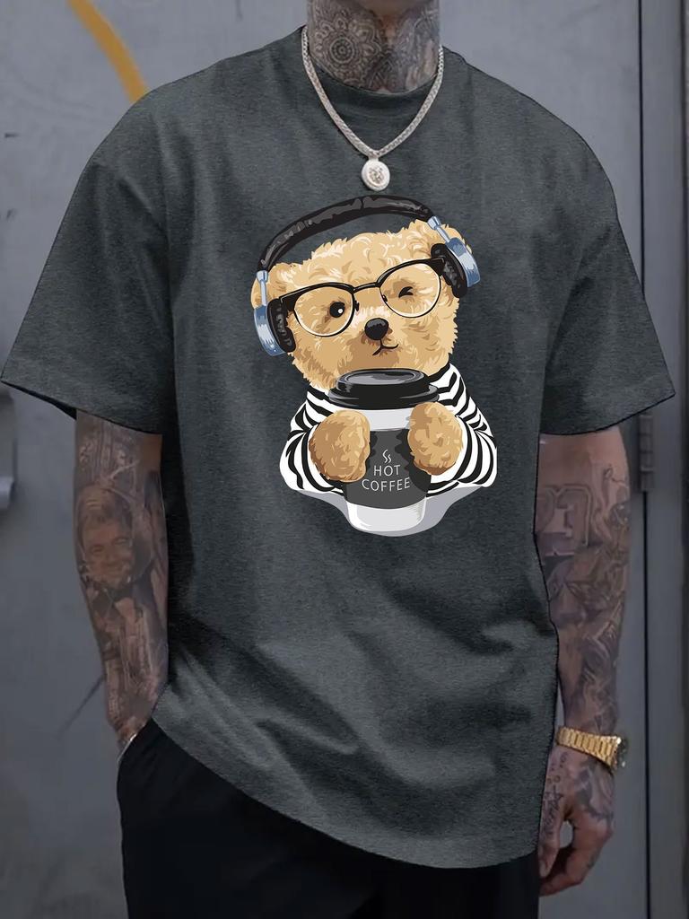 Cartoon Bear Graphic Print Men's Luxury Cotton Short Sleeved T-shirt Summer Unisex Men's and Women's Casual Loose Trendy