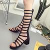 Feiern Sie Frauen Sommer Schuh Blockabsatz Kniehohe Stiefel Offene Zehe Reißverschluss hinten Frau Schwarze Schuhe Absätze Sandale 2025 Gladiatorensandalen