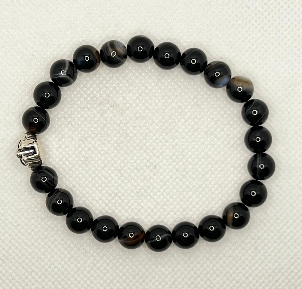 Schwarzes Perlenarmband mit silbernem Tigerkopf | Stilvoller Schutzschmuck für Männer Kristallheilung | Handgefertigtes Unisex-Design | Geschenk für Männer und Frauen