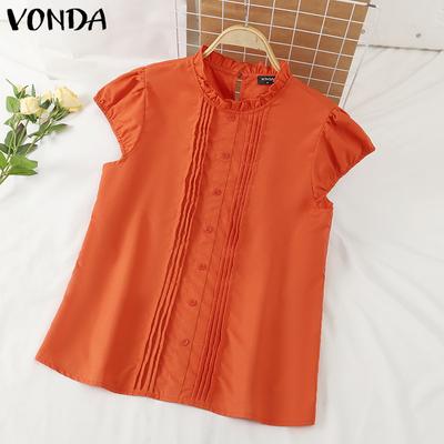Women's Summer Casual Stand Collar Cap Sleeves Pleated Solid Color Loose Blouse