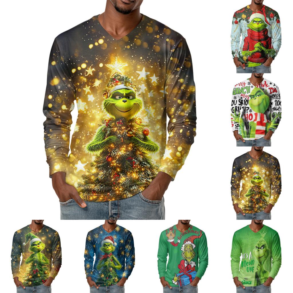 Men's Fashion Printed V-Neck Casual Long-Sleeved T-Shirt Bottoming Shirt Top