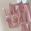 French Retro New Ice Silk Pajamas Sexy Embroidery Four-piece Loungewear Suspenders Shorts Sweet Summer Pajamas