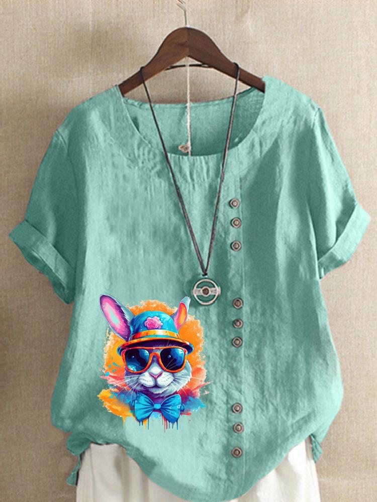 Women's Fashion Colorful Rabbit Print Shot Sleeve T-shirt Loose Cotton Shirt Casual Loose Summer Blouse Tops Plus Size