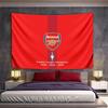 Red background with Arsenal crest and trophy emblem centered vertically. Patterned tapestry for bedroom and living room home decor
