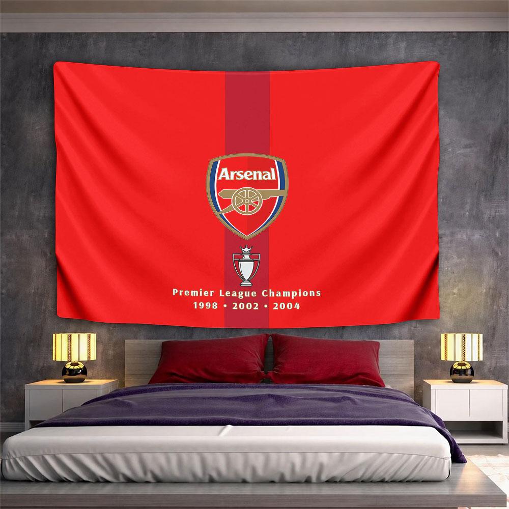 Red background with Arsenal crest and trophy emblem centered vertically. Patterned tapestry for bedroom and living room home decor