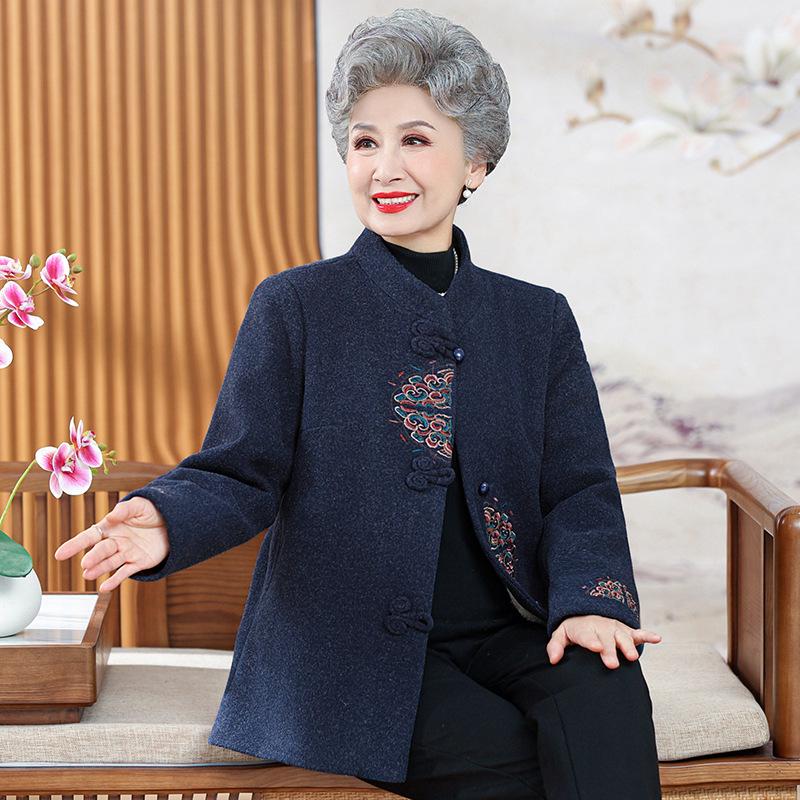 Plus Velvet Thick Warm Tang Suit Jacket for Middle-Aged and Elderly Women