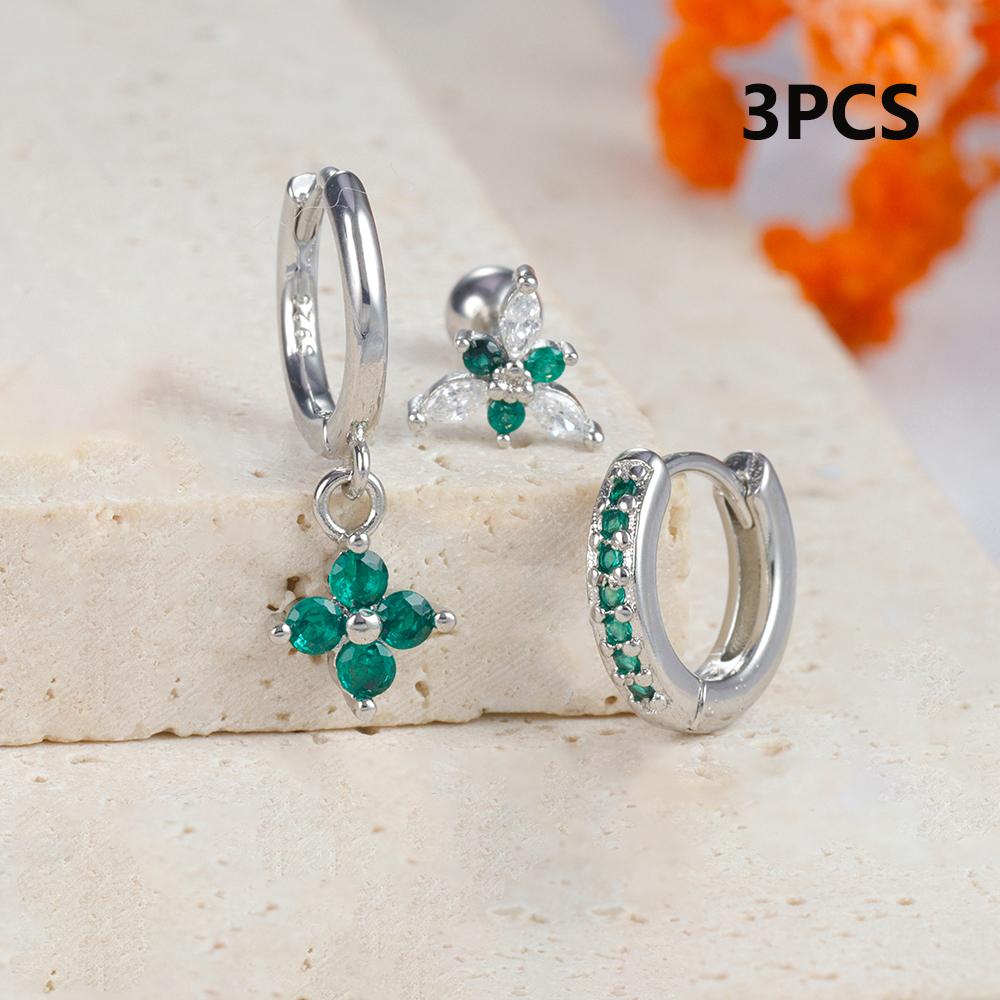 3PCS Green Zircon Flower Hoop Earrings Women Tiny Stainless Steel Round Circle Cartilage Piercing Earring Fashion Jewelry Sets