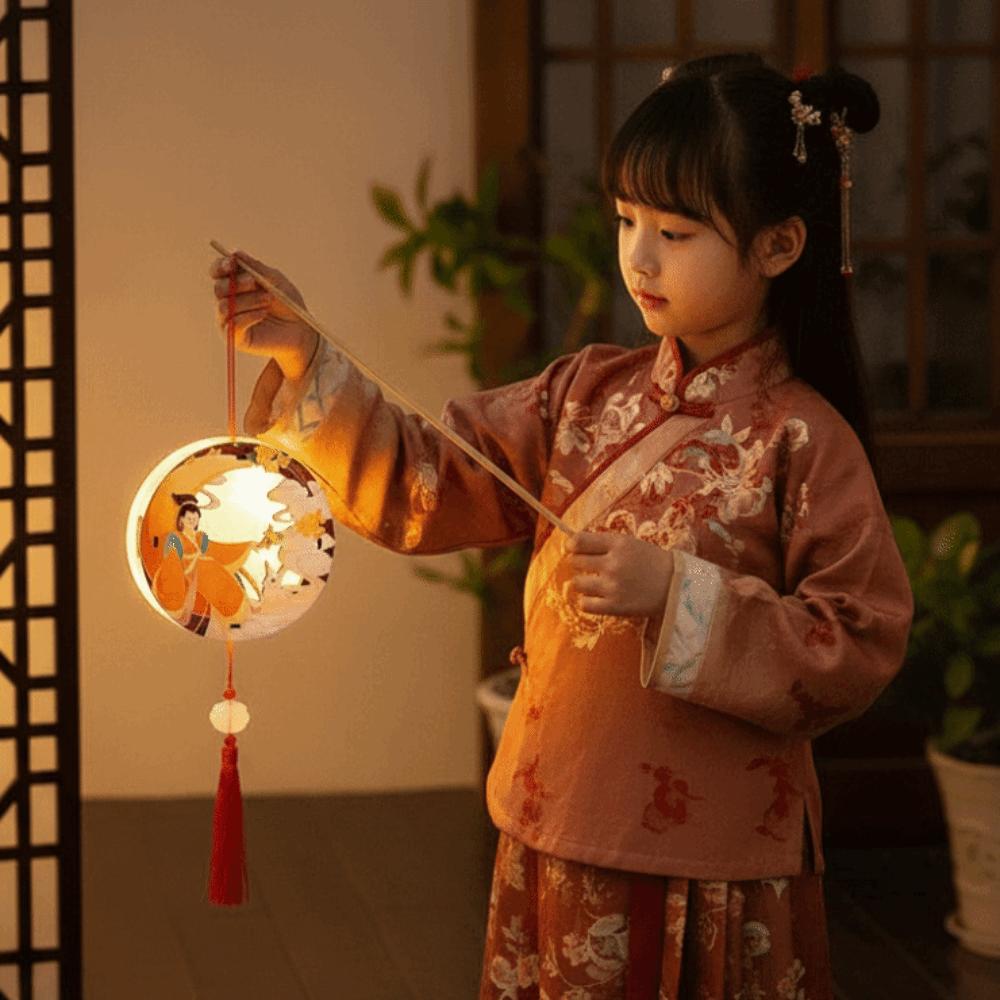 Shadow Box Style Moon Goddess Lantern Translucent Warm Backlight Paper Cut Shadow Lamp Cell Battery Operated Circular Wood
