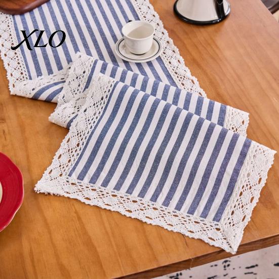 Striped Table Runner Runner, Lace Trim Cotton Linen Long Rustic Farmhouse for Home Dining Decor Decorative