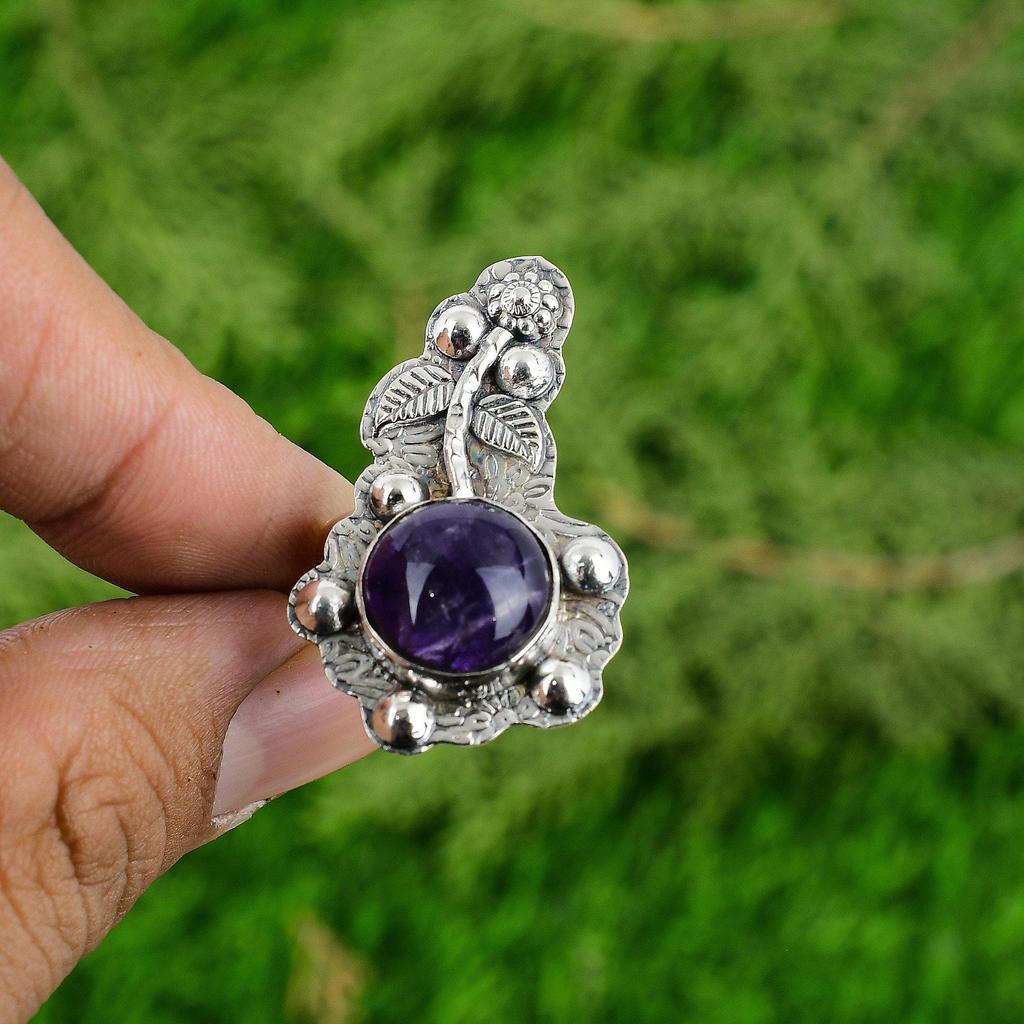 African Amethyst Gemstone 925 Silver Trendy Flower Bezel Promise Ring Jewelry