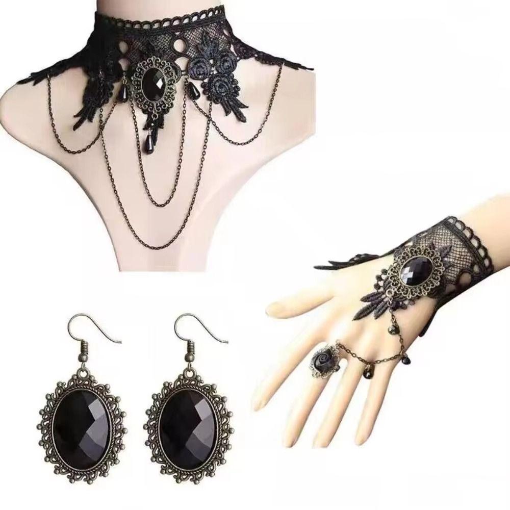 Steampunk Gothic Necklace Clavicle Chain Punk Retro Necklace Black Lace Choker  Halloween Party