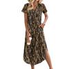 Women's Casual Comfortable V Neck Loose Hem Split Vacation Short Sleeve Floral Long Dresses