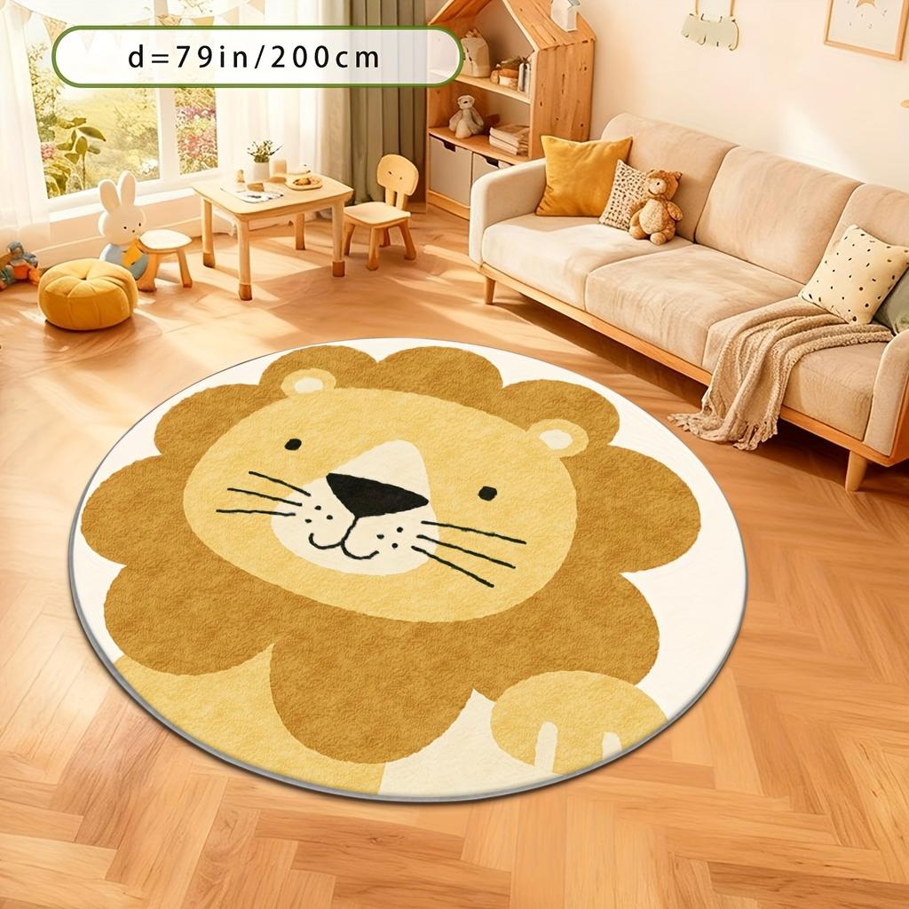 Cute Lion Head Round Area Rug Plush Mat for Nursery Kids Room Decoration Animal Design Carpet Floor Decor