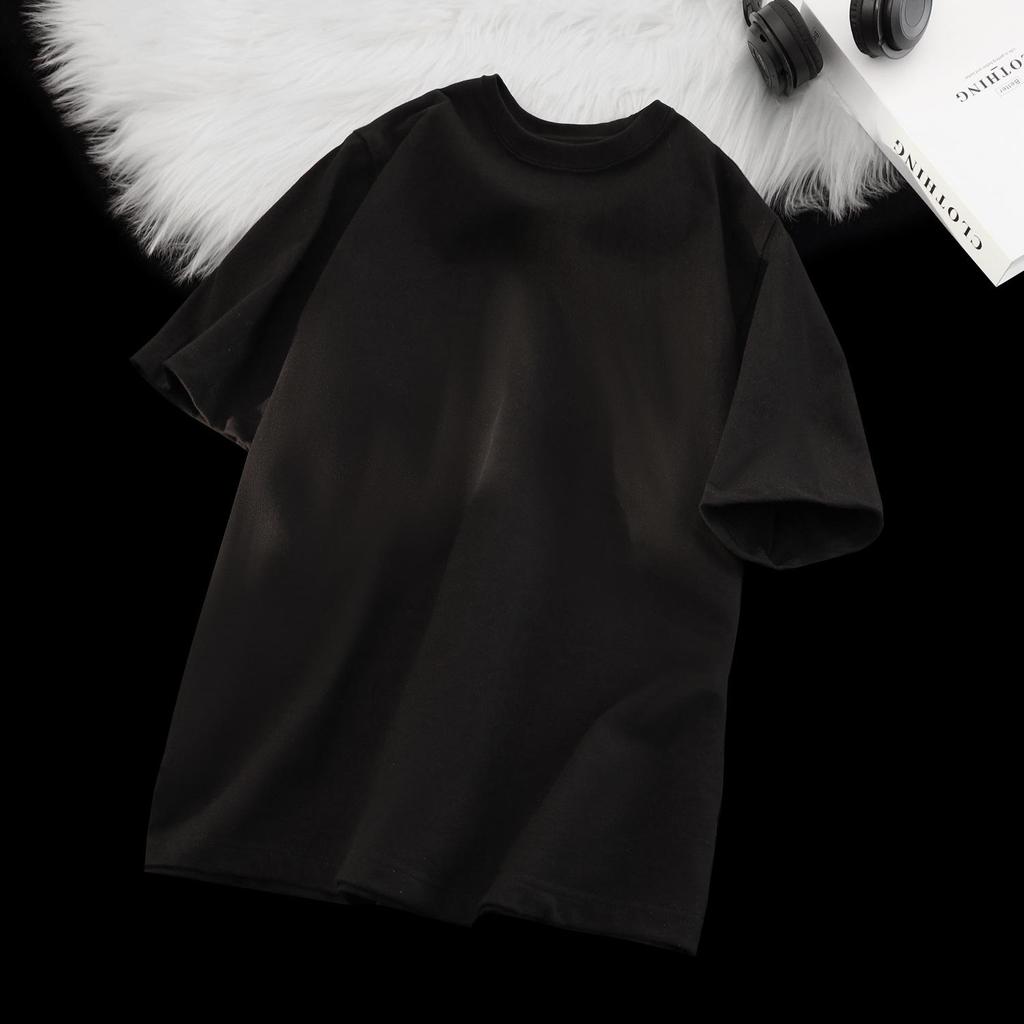 Unisex Japanese Retro Solid Color Round Neck T-Shirt, 300g Heavy Pure Cotton, Casual Short-Sleeve Design.