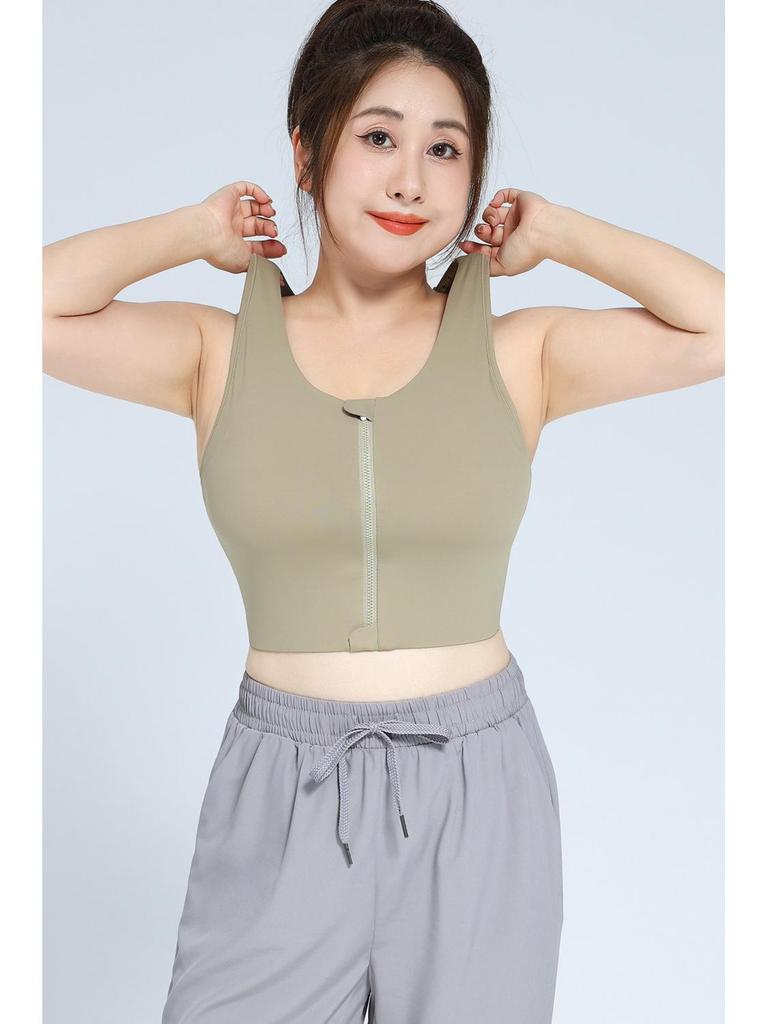 High Waist Tummy Control Sports Bra with Front Zipper, Longline Design, Full Coverage, High Impact Support, and Adjustable Straps.