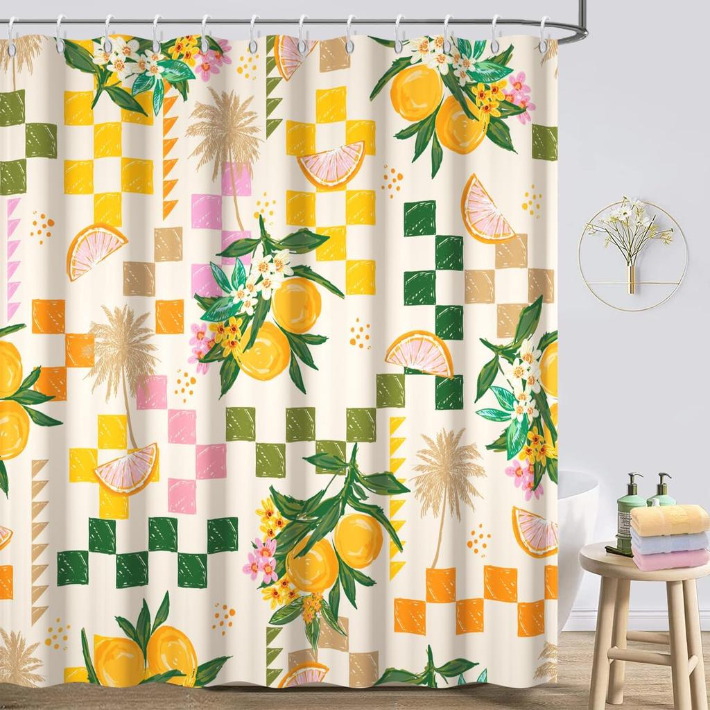 Lemon Shower Curtain, Yellow and Green Fruits Shower Curtain for Bathroom Waterproof Fabric Summer Shower Curtain Set with Hooks, 72x72 Inch