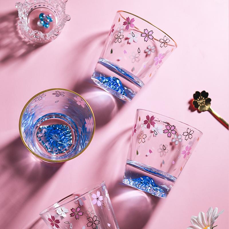 290ml Japon Tarzı Fuji Dağı Sakura Cam Bardak Cam Pembe Sevimli Su Bardağı Çay Kaşıklı Çay Bardağı Deinkwaie