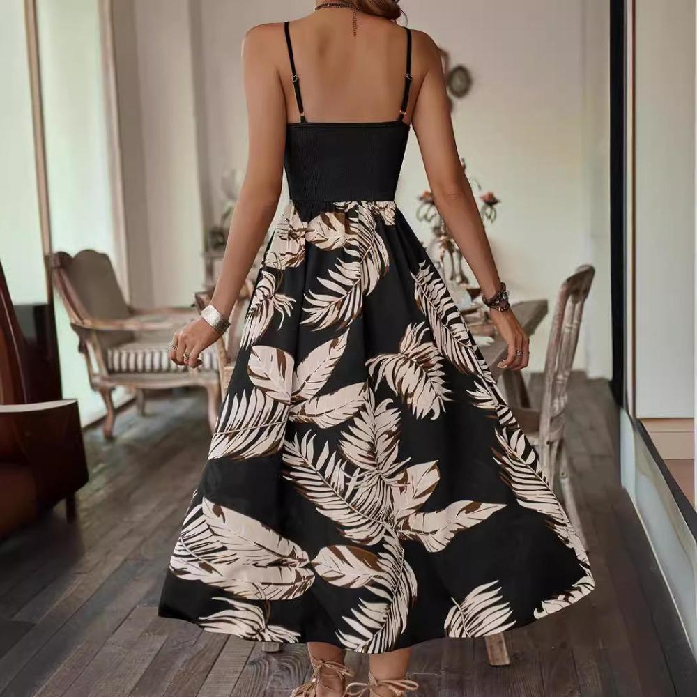 Dam Vår Enfärgad Tryck Ärmlös Hängslen Klänning Sommar Casual A-linje Hög Midja Axelbandslös Camisole Långa Klänningar XS-XL