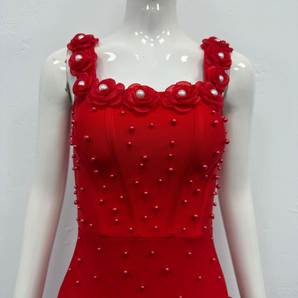 Elegante Vestido de Noite Bandage Quadrado com Alças Finas e Contas