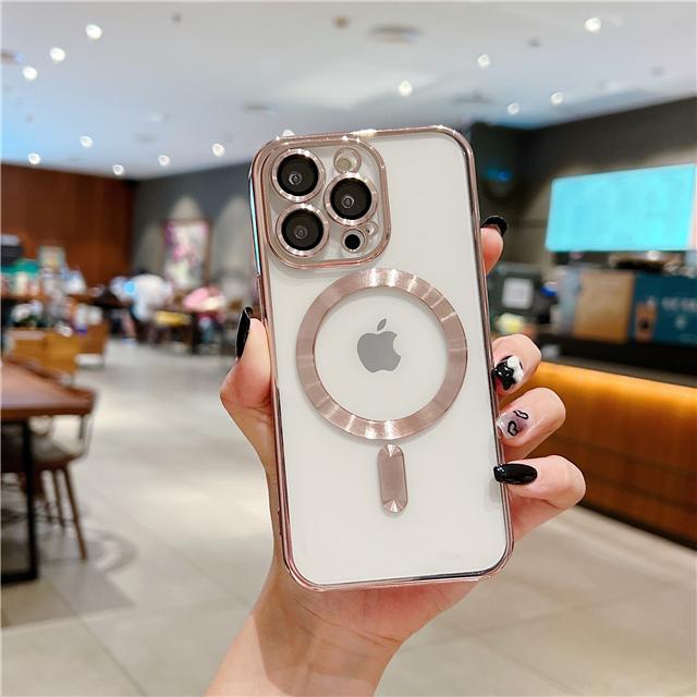 For iPhone 15 16 Pro Max Luxury Magsafe Magnetic Plating Frame Transparent Phone Case For iPhone 11 12 13 14 15 Plus Lens Cover