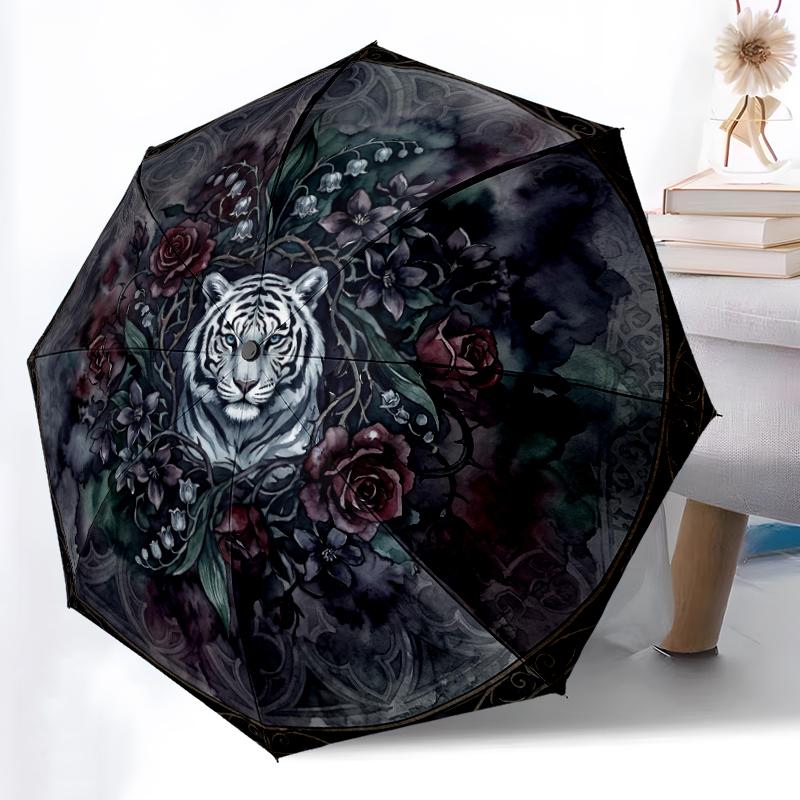 1pc Sturdy 8-Bone Auto Umbrella, Bold Striking Tiger Umbrella, Digital Printed, Foldable Umbrella for On-the-Go Outdoor Use