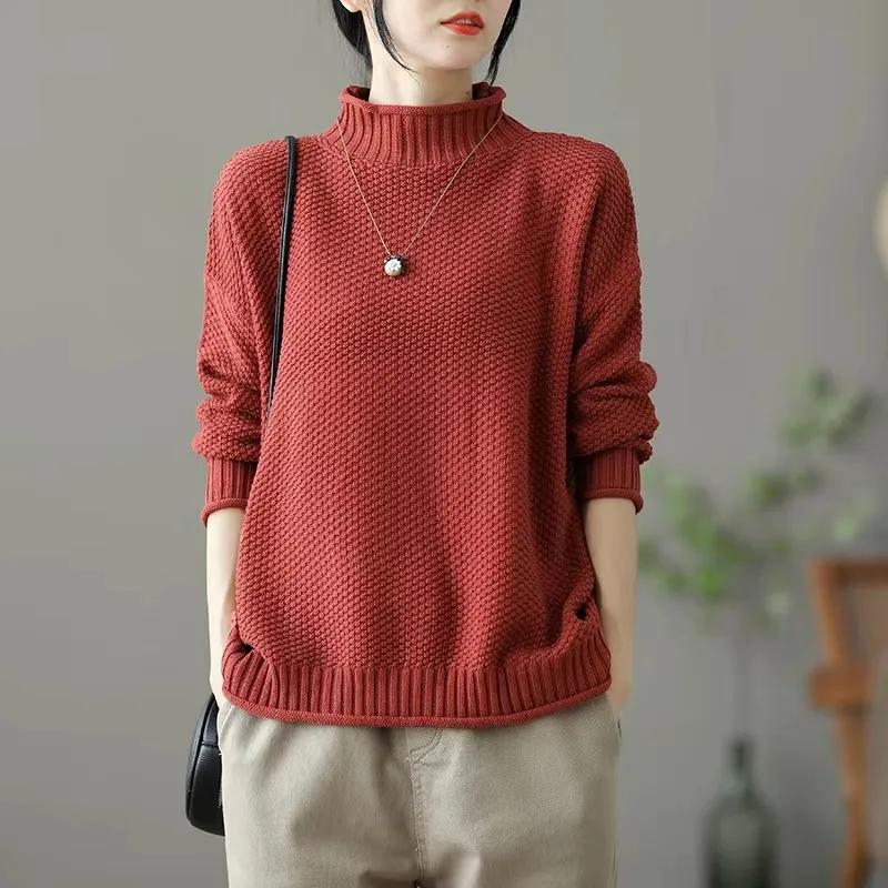 Retro Half-turtleneck Long-sleeved Sweater Women's Bottoming Shirt Tops Autumn and Winter Loose Sweater Women