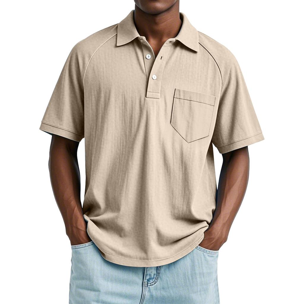 Men's Summer Solid Color Button Pocket Lapel Loose Raglan Short Sleeve Top