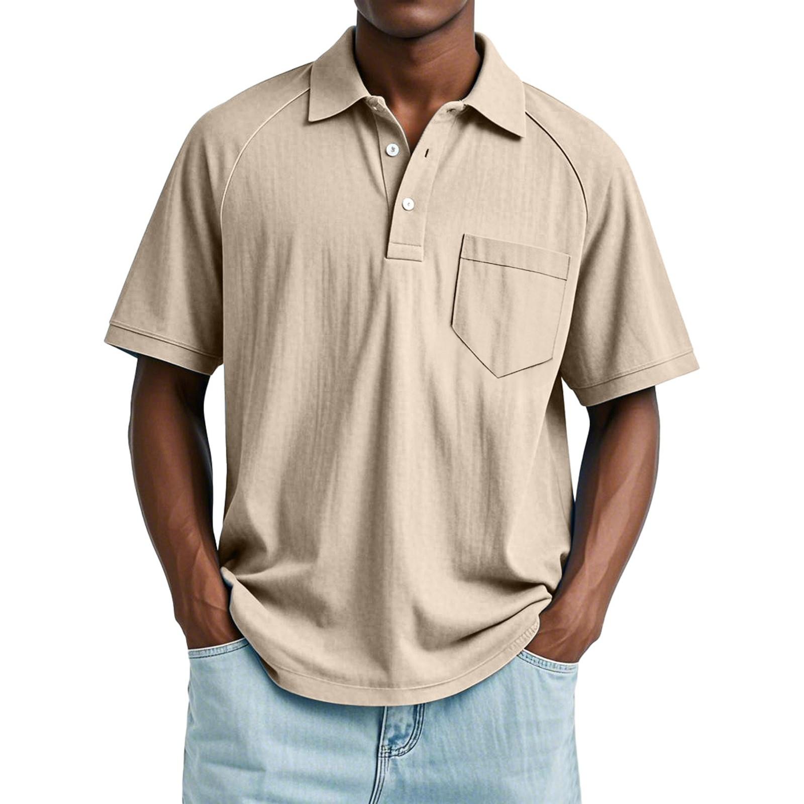 

Men s Summer Solid Color Button Pocket Lapel Loose Raglan Short Sleeve Top L хакі