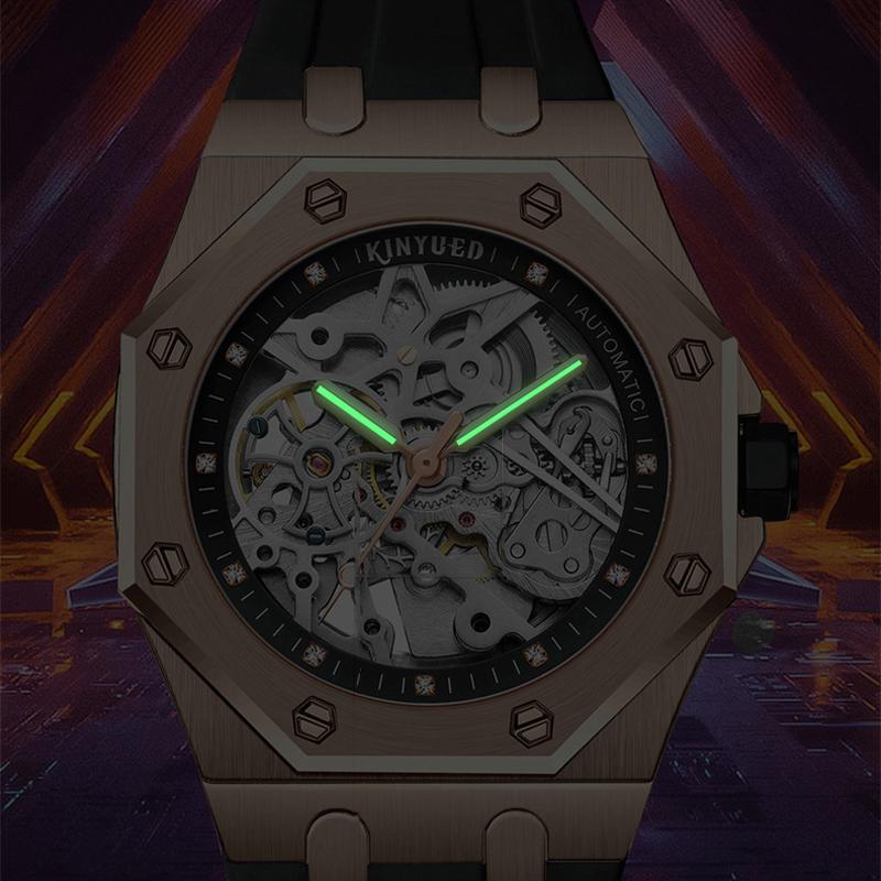 KINYUED Mode Skelett Mechanische Uhr Top Marke Luxus Herren Steampunk Transparent Hohl Automatische Uhr Relogio Masculino