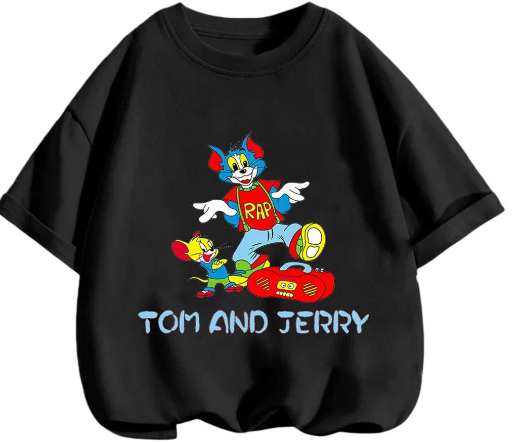 Cute Kawaii Tom And Jerry Crew Neck T Shirt Summer Casual Street Style Daily Outfit Kids Aged 3 To 14
