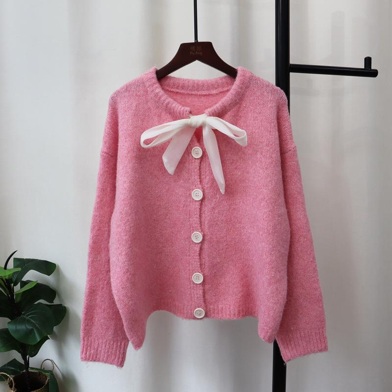 Autumn and winter new lace-up bow knitted cardigan loose soft waxy sweet gentle wind sweater jacket women's clothing