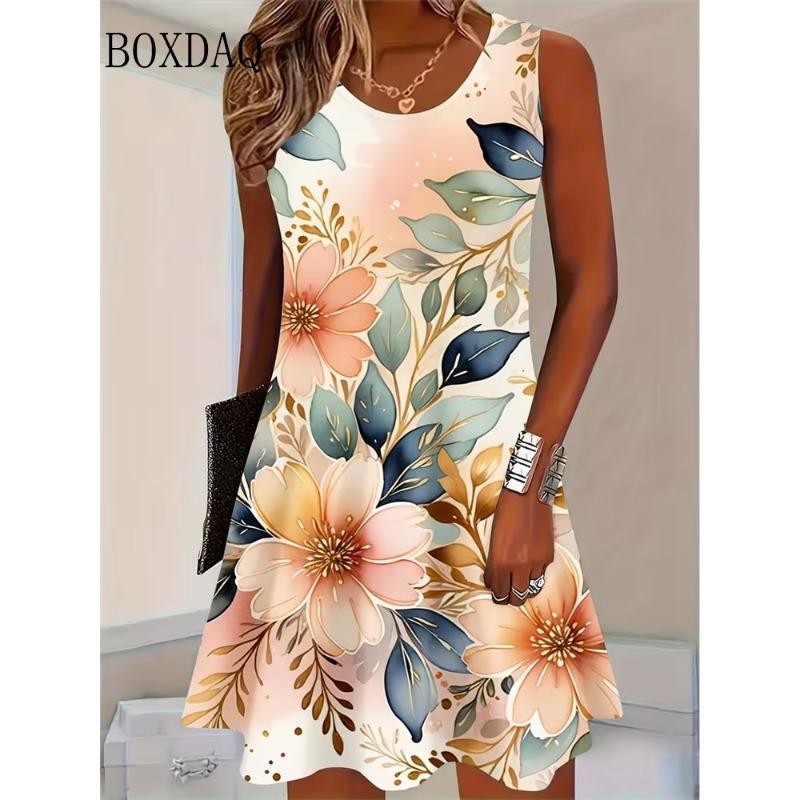 Sundress Floral  Print Women's Casual Sleeveless Tank Dress Summer Vacation Casual Retro Loose Plus Size Woman Clothing