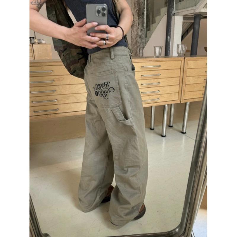 American loose straight embroidered belt rope overalls men s and women s retro street wide-leg trousers tide S коричневый