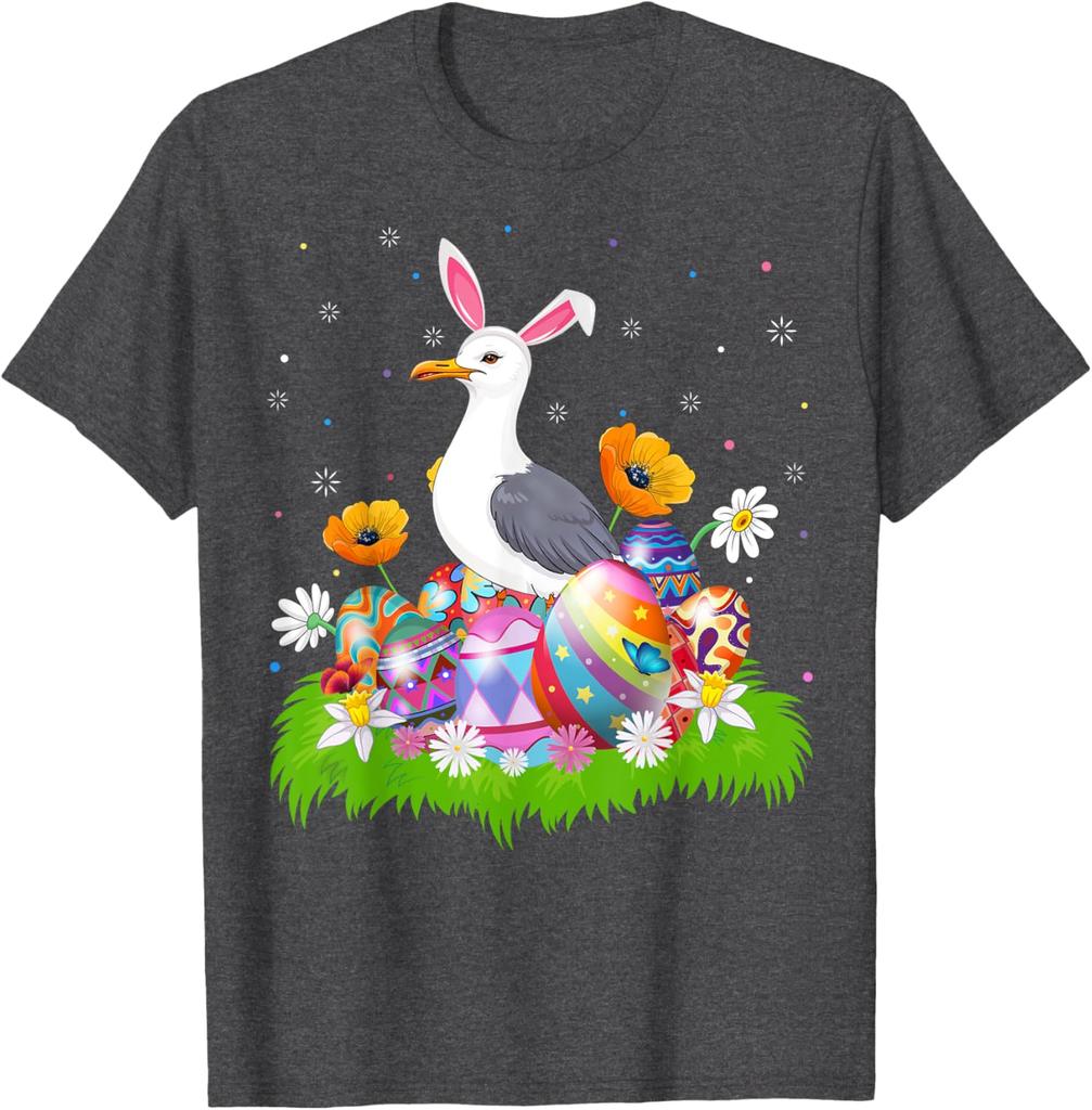 Seagull Bunny Ears Easter Eggs Graphic Tee Men Casual Cotton Short Sleeve T-Shirt