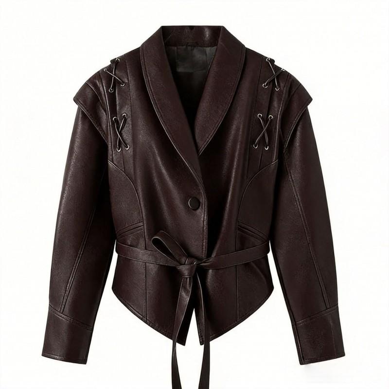 Womens Faux Leather Jacket Fall Winter Lapel Adjustable Belt Slim Fit Black Motorcycle Coat