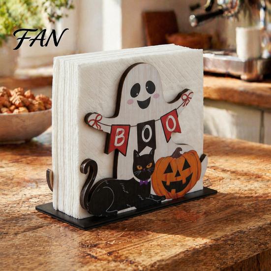 Festive Desktop Storage Ornament Halloween Ghost Wooden Napkin Holder, Cute Paper Towel Decorative Cartoon Tray Stand, Freestanding Tissue Dispenser