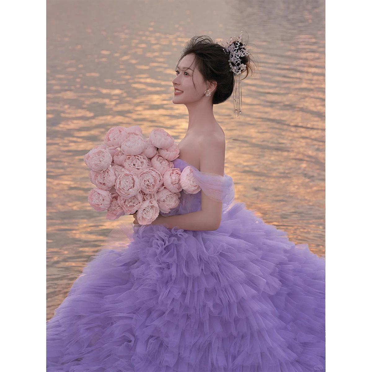 

Новый фиолетовый топ-труба пушистая юбка цветная пряжа шлейф дорожное фото публичная юбка свадебное фото платье юбка S фиолетовый