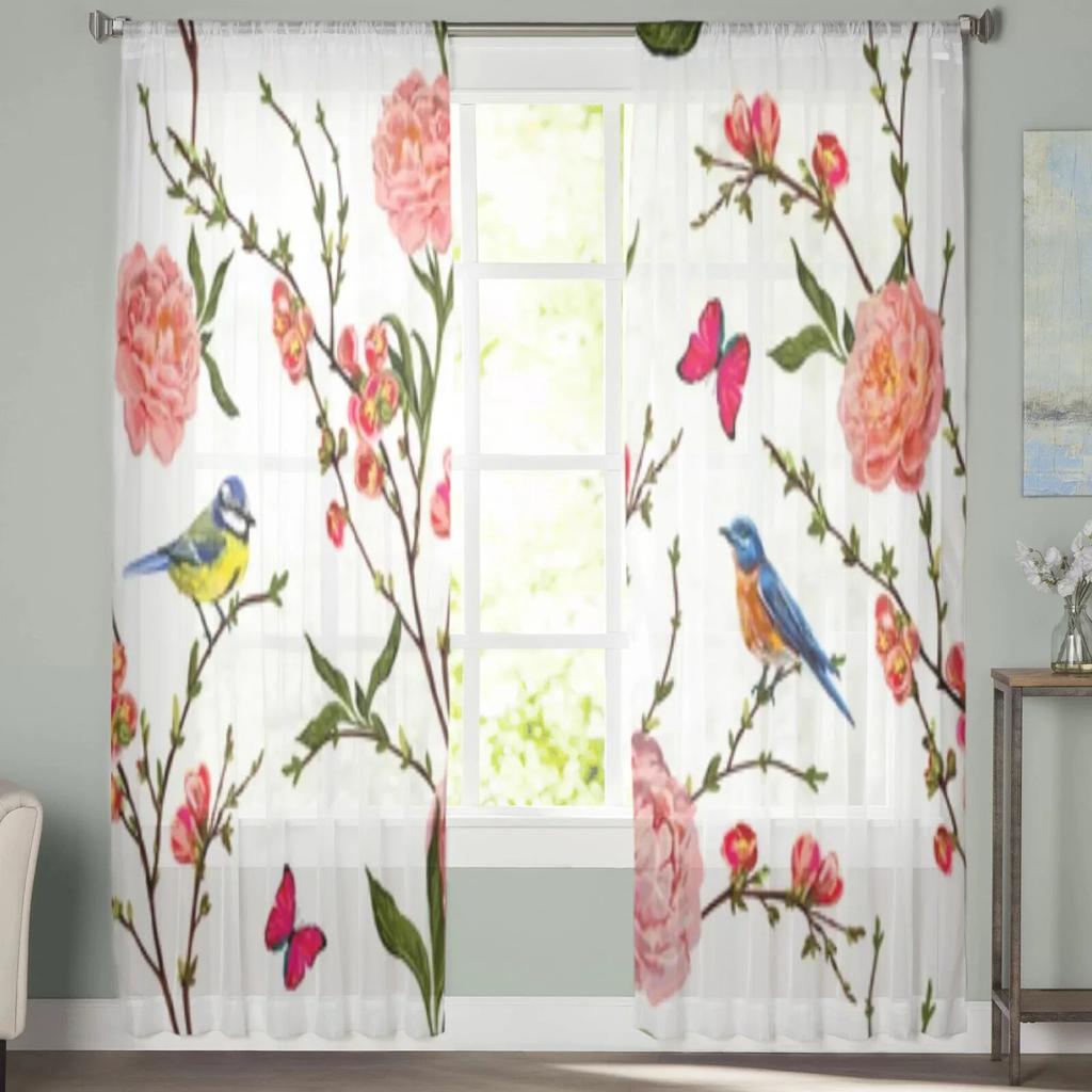 Birds Butterfly Peony Flower Sheer Window Curtains For Living Room Bedroom Modern Voile Tulle Curtains Fabric Drapes For Kitchen